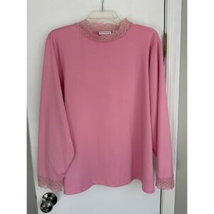 Susan Graver Liquid Knit Pink Lace Trim Mock Neck Long Sleeve Top 2X
